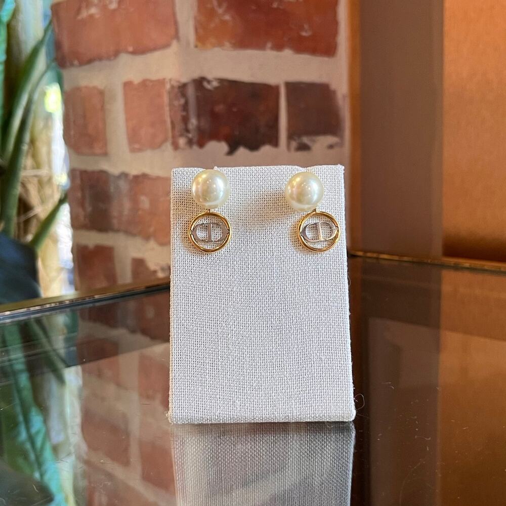 DIOR Faux Pearl Gold Toned Metal CD Earrings - Picture 2 of 4